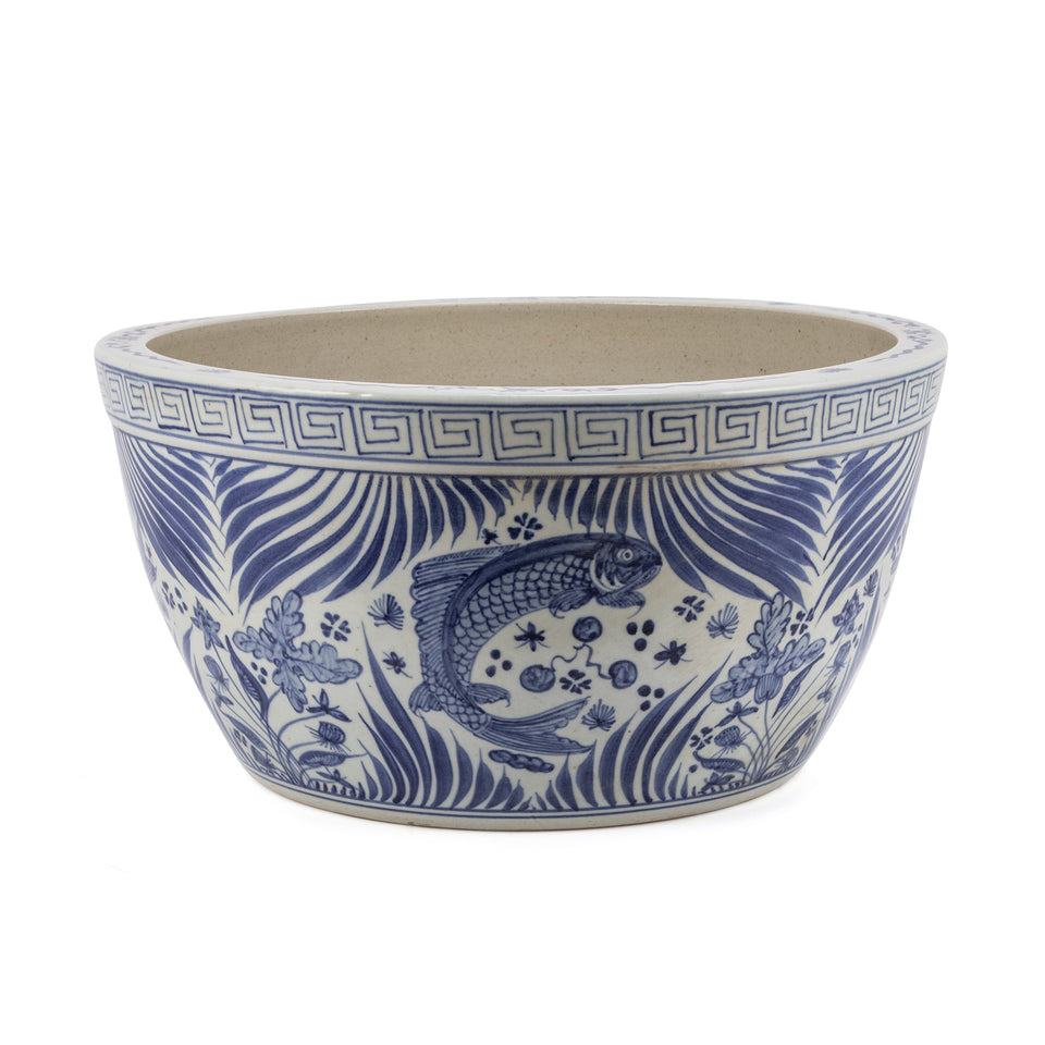 Blue And White Fish Lotus Bowl W Ith Greek Key Trim By Legends Of Asia
