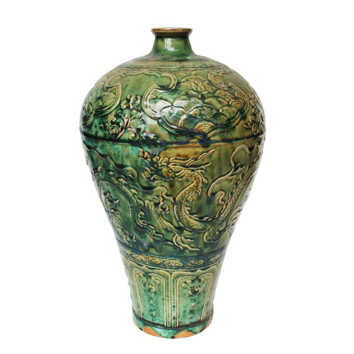 Speckled Green Carved Dragon Plum Vase By Legends Of Asia