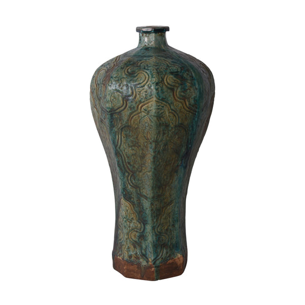 Speckled Green Octagonal Embossed Plum Vase By Legends Of Asia