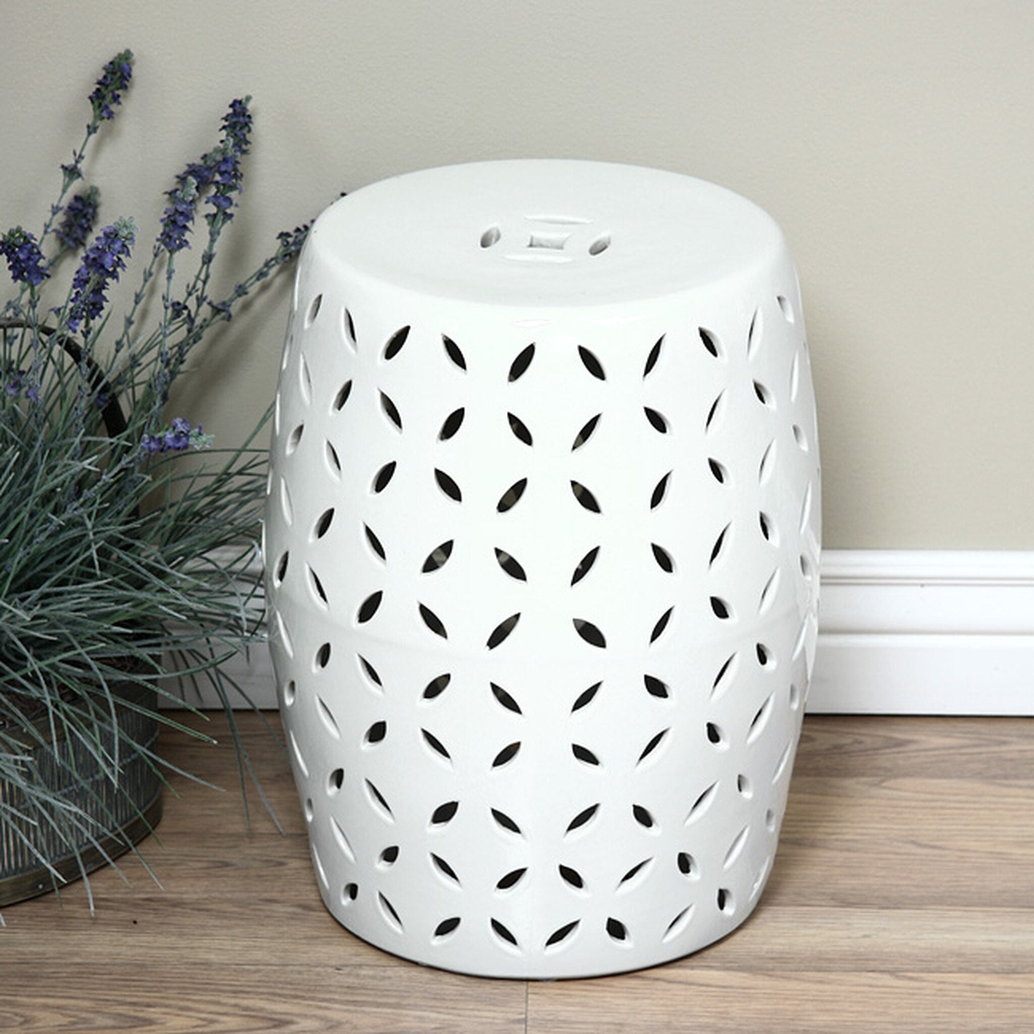 Coin-Cut Carved Garden Stool, White