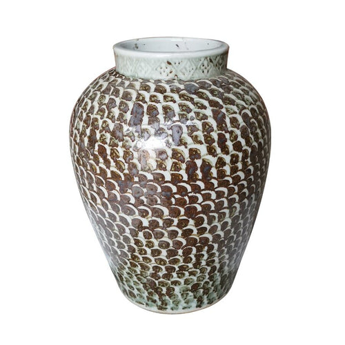 Rusty Brown Jar With Fish Scale Pattern By Legends Of Asia