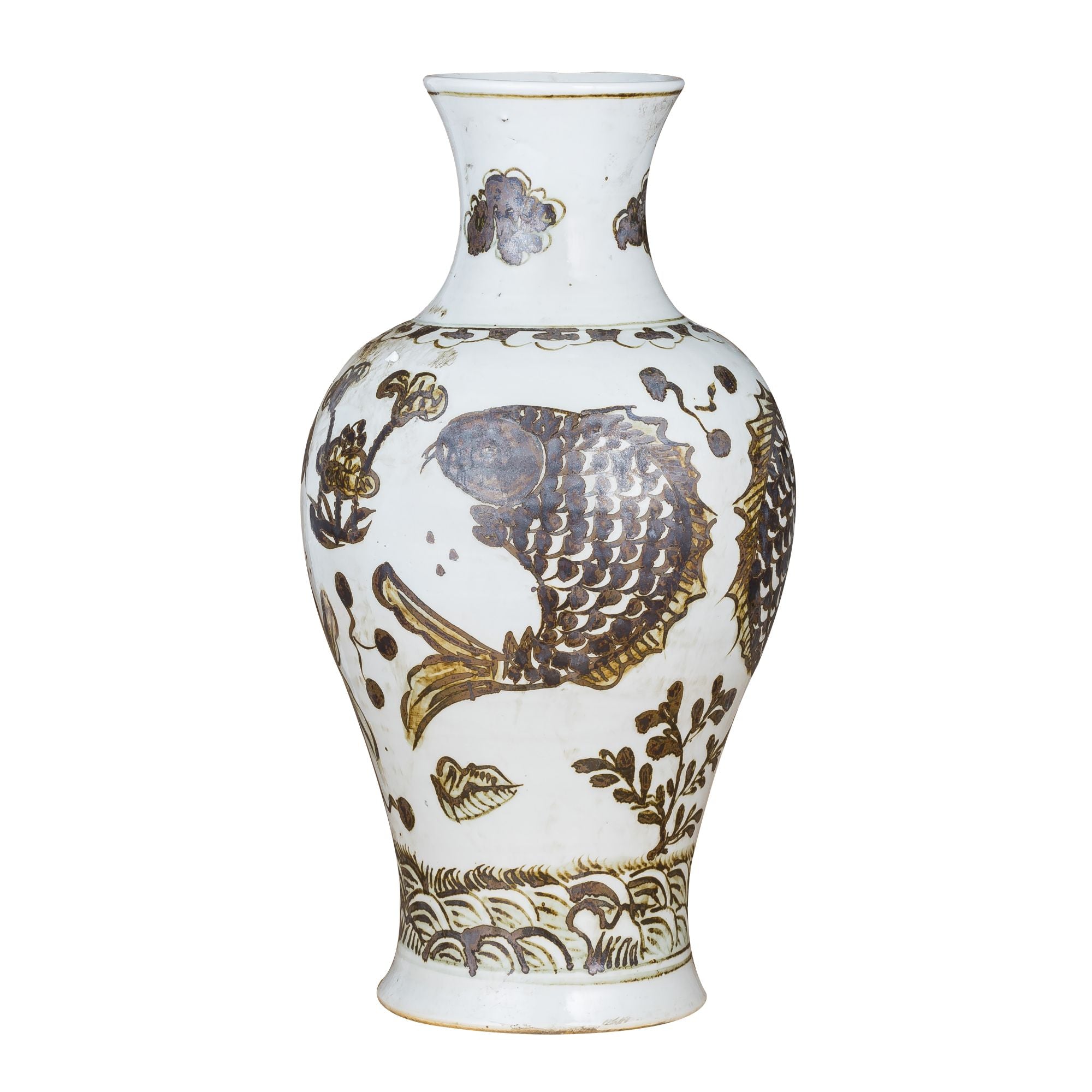 Rusty Brown Vase Fish Lotus Motif By Legends Of Asia