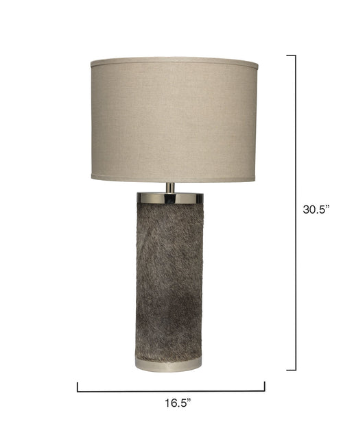 Jamie Young Column Table Lamp In Grey Hide With Classic Drum Shade In Natural Linen