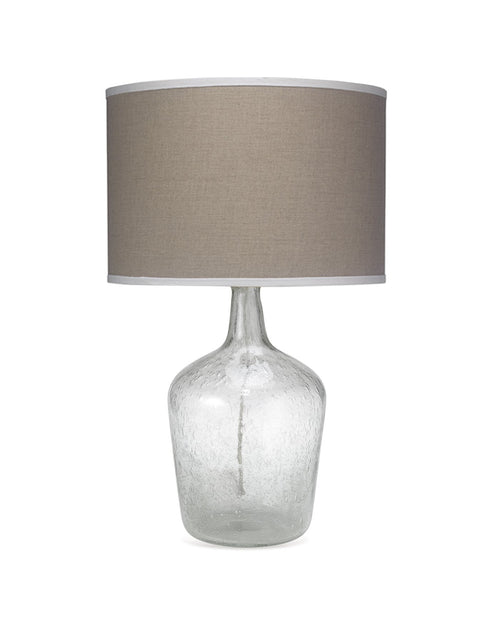 Jamie Young Plum Jar Table Lamp, Medium In Clear Seeded Glass With Classic Drum Shade In Natural Linen With White Linen Trim