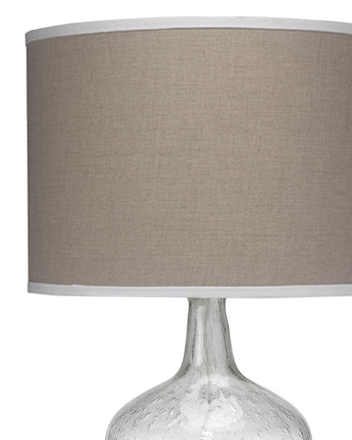 Jamie Young Plum Jar Table Lamp, Medium In Clear Seeded Glass With Classic Drum Shade In Natural Linen With White Linen Trim