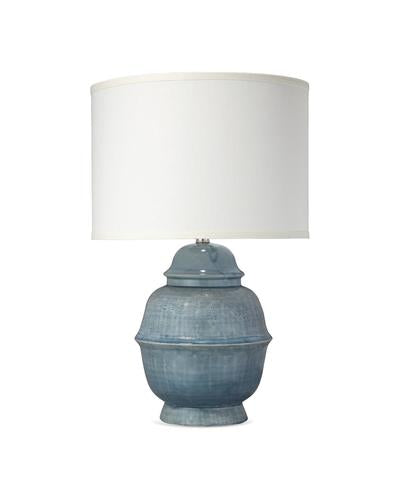 Jamie Young Kaya Table Lamp In Blue Ceramic With Classic Drum Shade In Sea Salt Linen