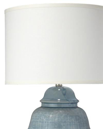 Jamie Young Kaya Table Lamp In Blue Ceramic With Classic Drum Shade In Sea Salt Linen