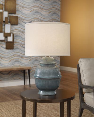 Jamie Young Kaya Table Lamp In Blue Ceramic With Classic Drum Shade In Sea Salt Linen