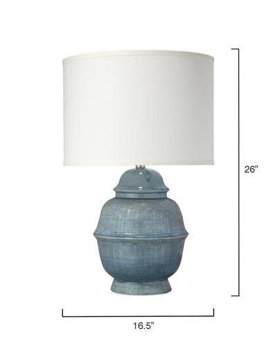 Jamie Young Kaya Table Lamp In Blue Ceramic With Classic Drum Shade In Sea Salt Linen