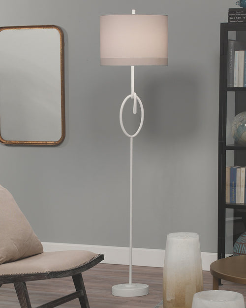 Jamie Young Knot Floor Lamp In White Gesso With Wide Oval Shade In Off White Linen