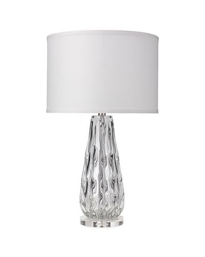 Jamie Young Laurel Table Lamp In Clear Glass With Medium Drum Shade In White Linen