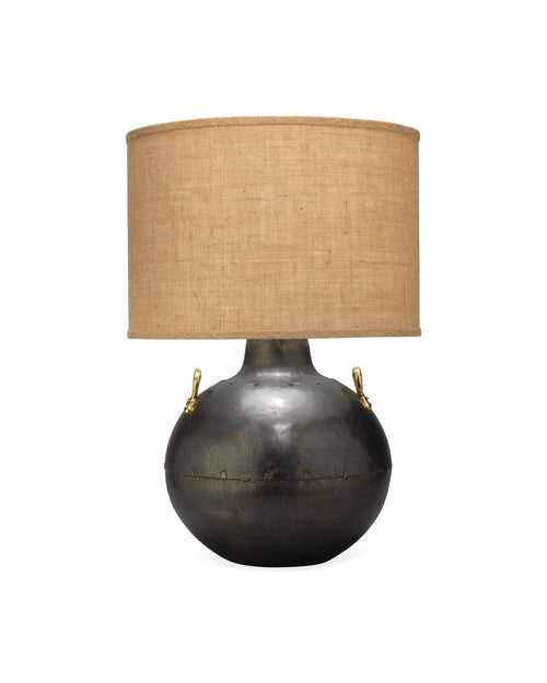 Jamie Young Two Handled Kettle Table Lamp In Iron With Classic Drum Shade In Natural Burlap
