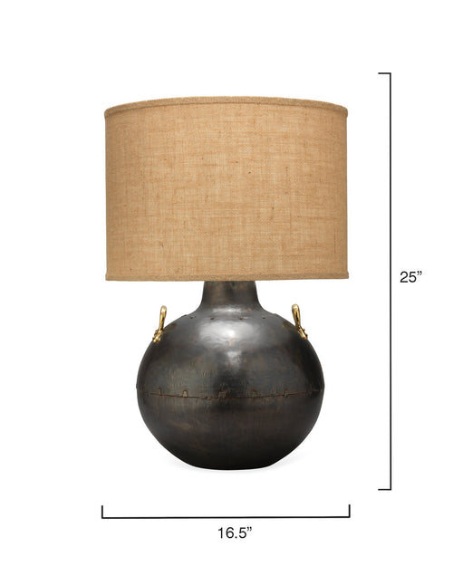 Jamie Young Two Handled Kettle Table Lamp In Iron With Classic Drum Shade In Natural Burlap