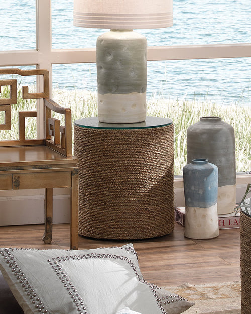 Jamie Young Harbor Side Table In Natural Seagrass With Tempered Glass Top