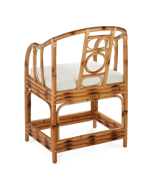 Jamie Young Malacca Round Back Arm Chair In Burnt Tortoiseshell Rattan With Off White Cushion