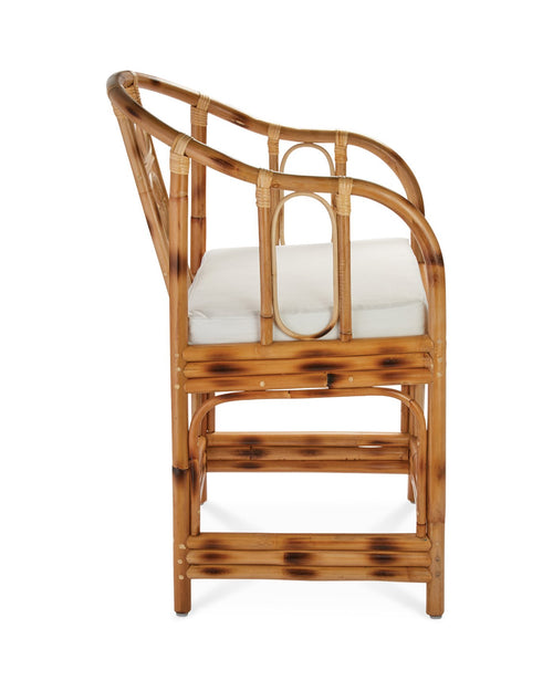 Jamie Young Malacca Round Back Arm Chair In Burnt Tortoiseshell Rattan With Off White Cushion