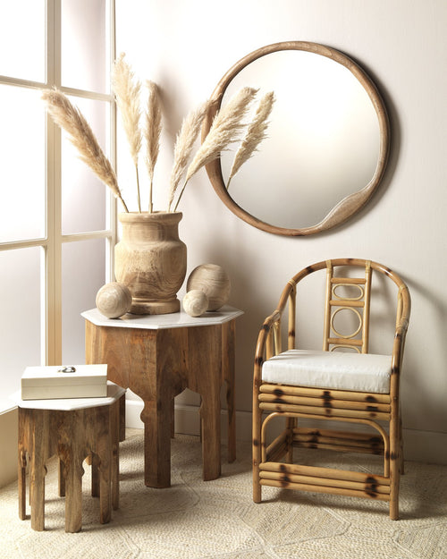 Jamie Young Malacca Round Back Arm Chair In Burnt Tortoiseshell Rattan With Off White Cushion
