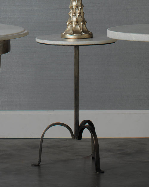Jamie Young Left Bank Marble Table In White Marble With Gun Metal Iron Base
