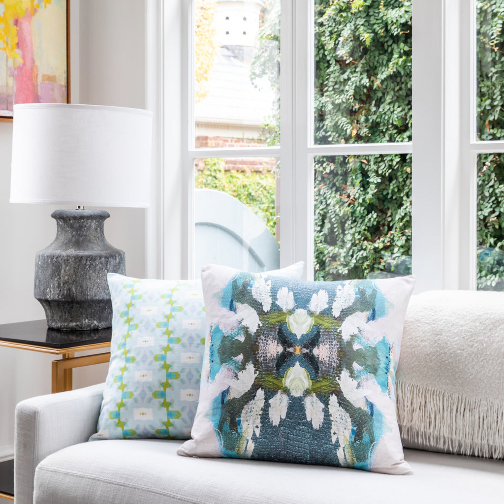 Peacock Blue Cotton Linen Pillow by Laura Park