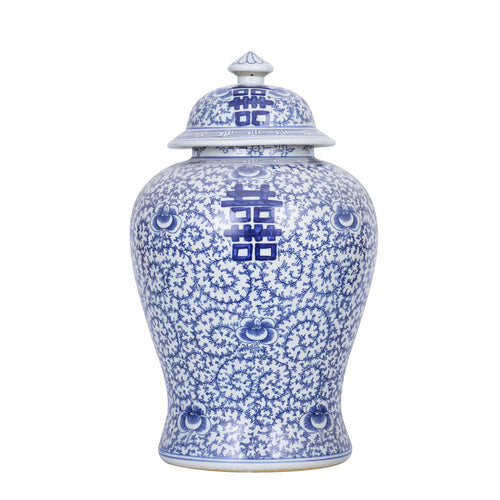 Blue and White Double Happiness Floral Temple Jar By Legends Of Asia