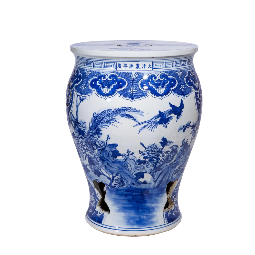 Blue and White Bird Floral Panel Drum Garden Stool by Legend of Asia