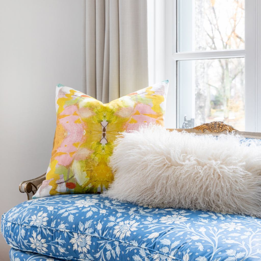 Jardin Yellow Cotton Linen Pillow by Laura Park