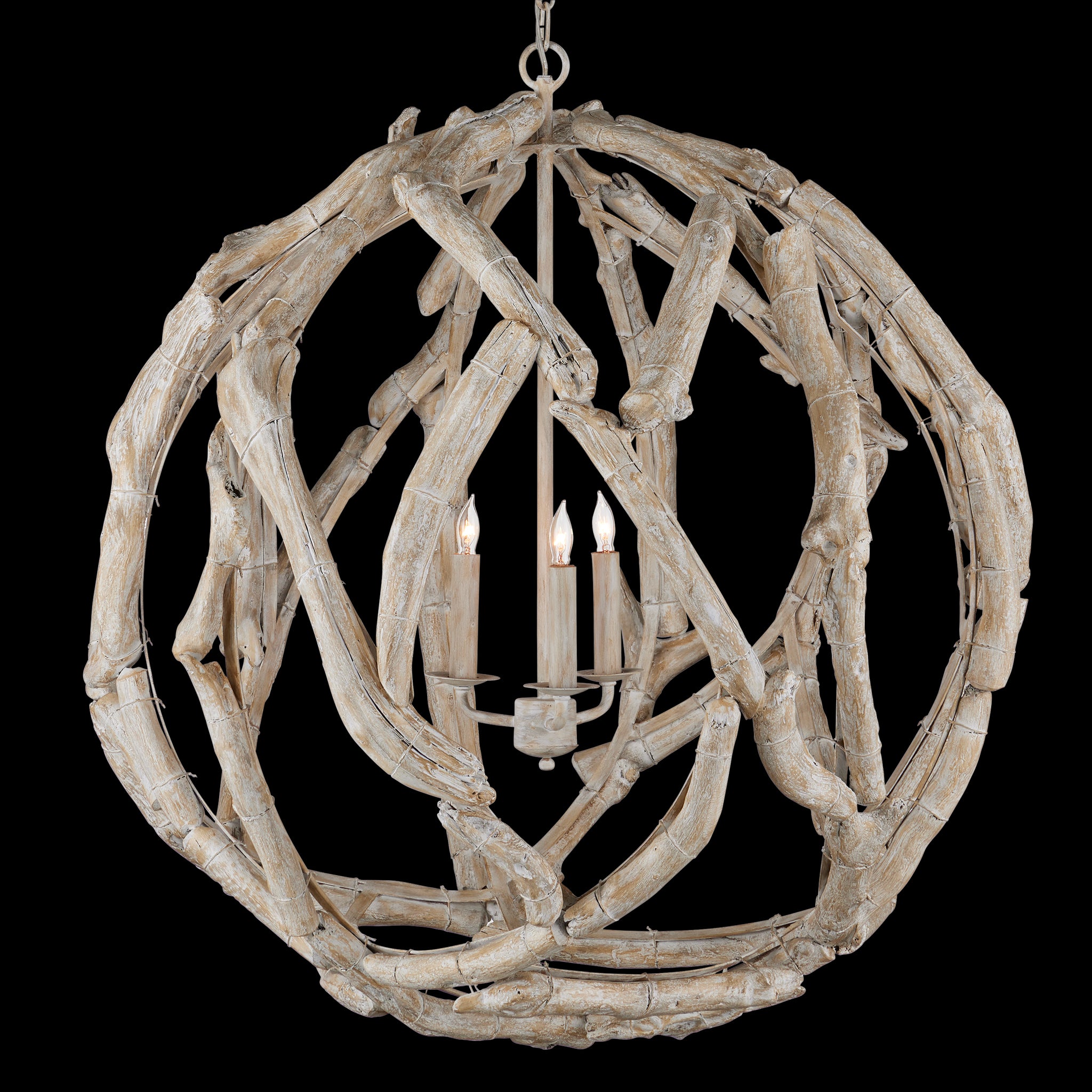 Currey & Company Driftwood 29" Whitewash 3 Light Orb Chandelier