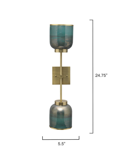 Jamie Young Vapor Double Sconce In Antique Brass & Aqua Metallic Glass