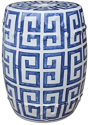 Blue and White Greek Key Porcelain Garden Stool Blue