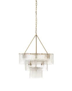 Jamie Young Perignon Three Tier Chandelier In Melted Ice Glass And Antique Brass