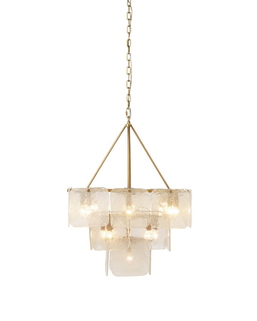 Jamie Young Perignon Three Tier Chandelier In Melted Ice Glass And Antique Brass