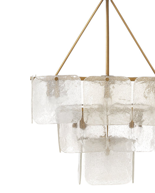 Jamie Young Perignon Three Tier Chandelier In Melted Ice Glass And Antique Brass