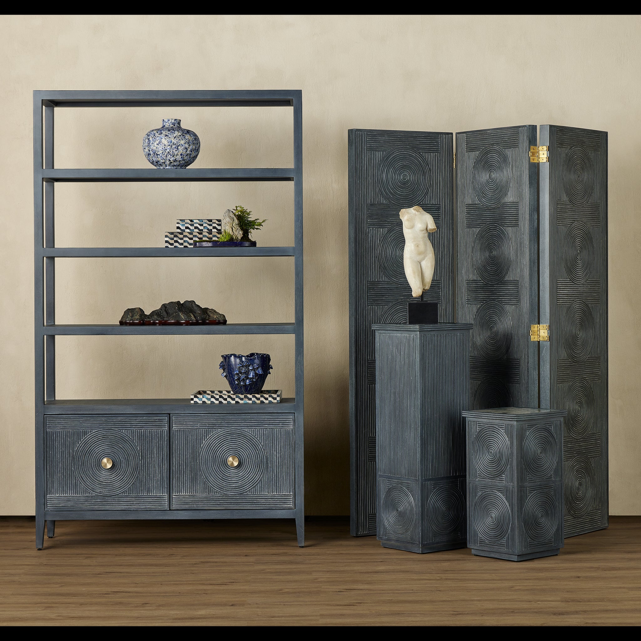 Currey & Company 48" Santos Navy Rattan Storage Etagere Bookcase