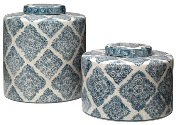 Jamie Young Oran Canisters In Blue And White Ceramic (Set Of 2)