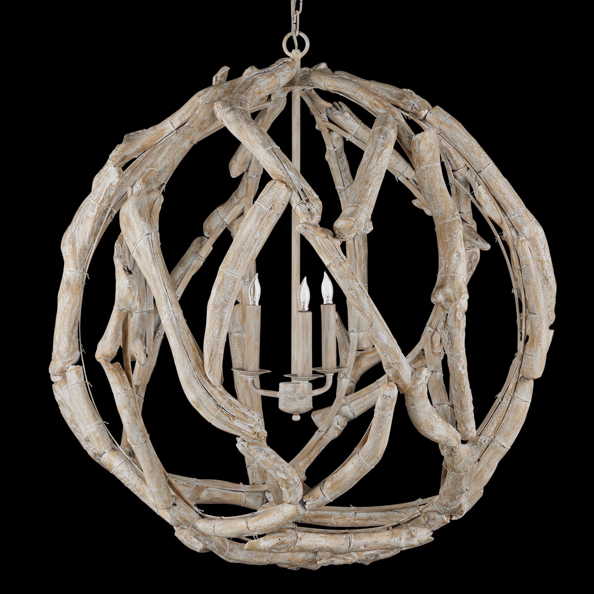 Currey & Company Driftwood 29" Whitewash 3 Light Orb Chandelier