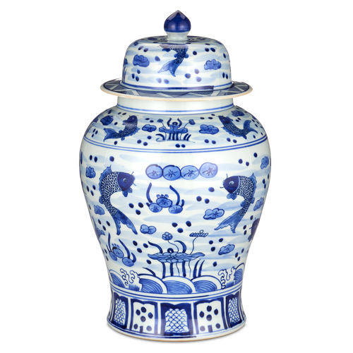 Currey & Company 16.125" South Sea Blue & White Temple Jar