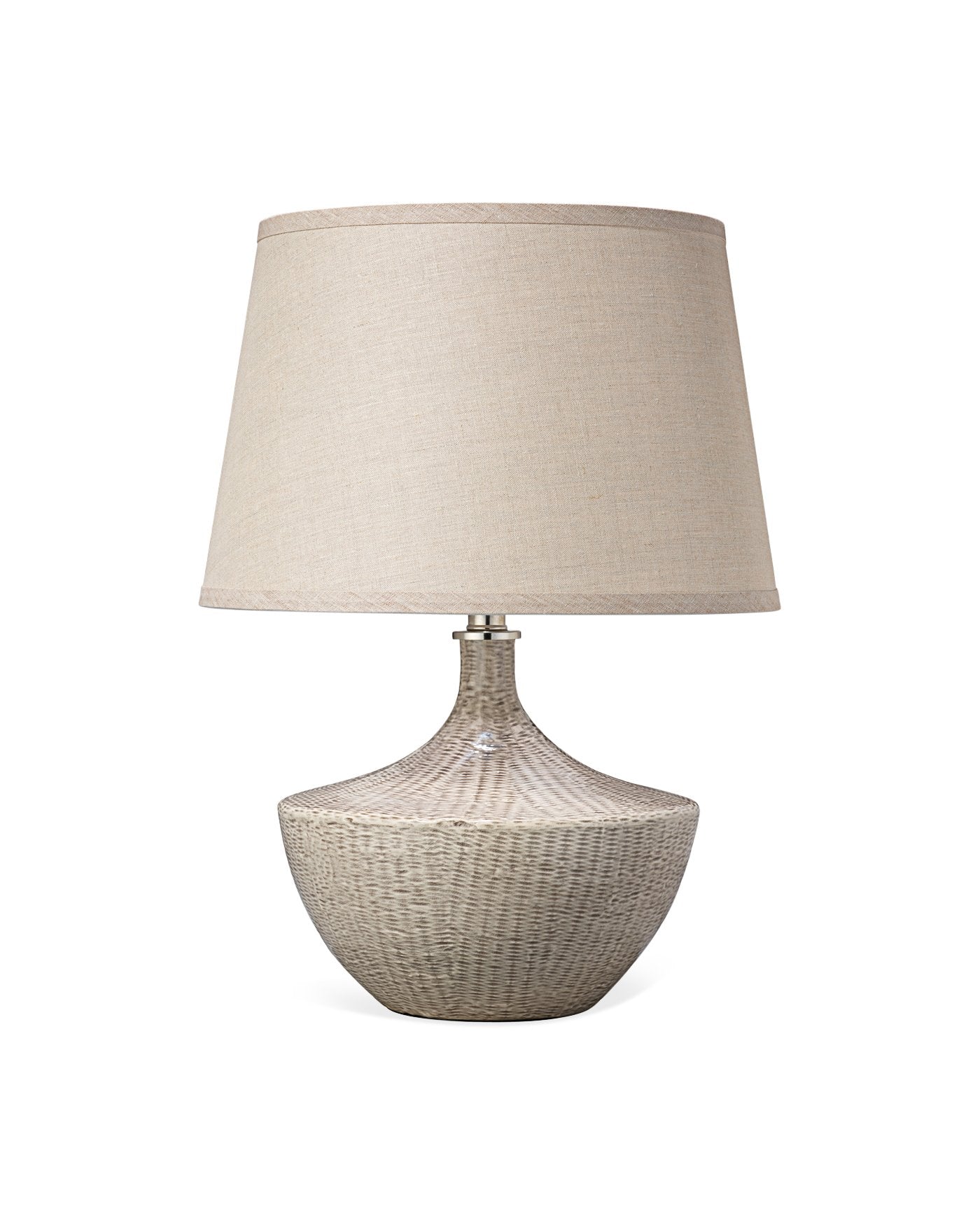 Jamie Young Basketweave Table Lamp In Off White Ceramic With Medium Open Cone Shade In Natural Linen