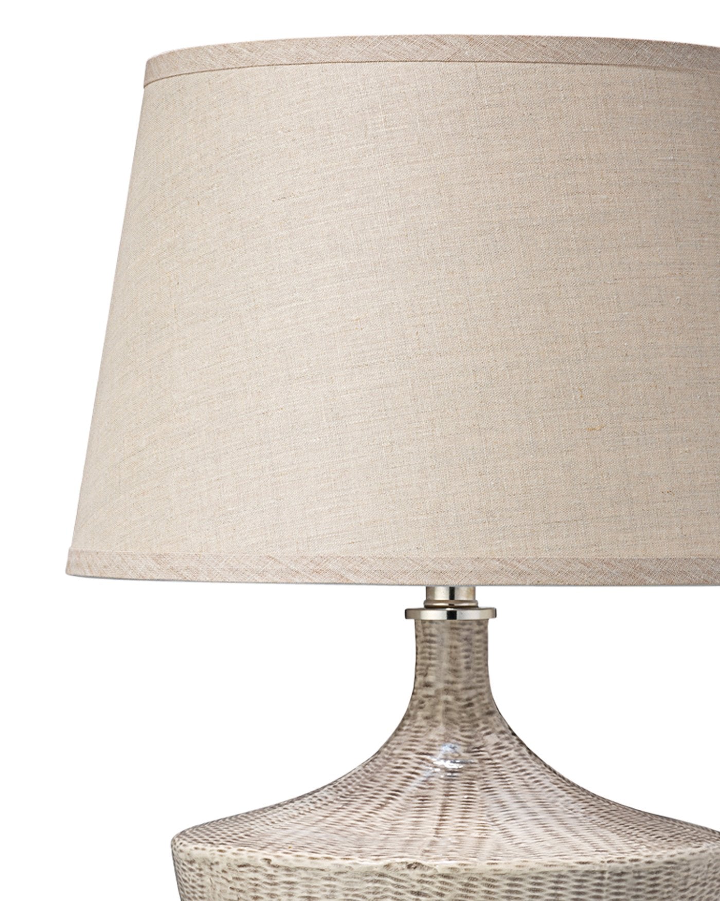 Jamie Young Basketweave Table Lamp In Off White Ceramic With Medium Open Cone Shade In Natural Linen