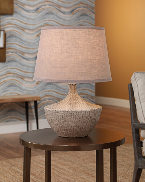 Jamie Young Basketweave Table Lamp In Off White Ceramic With Medium Open Cone Shade In Natural Linen