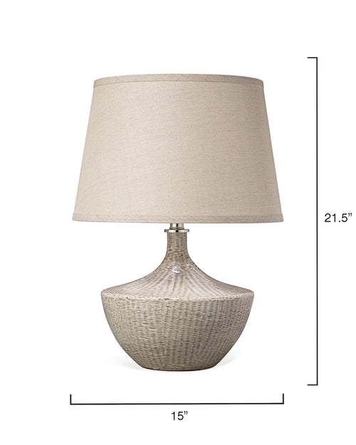Jamie Young Basketweave Table Lamp In Off White Ceramic With Medium Open Cone Shade In Natural Linen