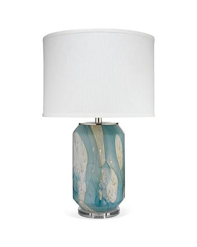 Jamie Young Helen Table Lamp In Pale Blue Glass With Classic Drum Shade In Sea Salt Linen
