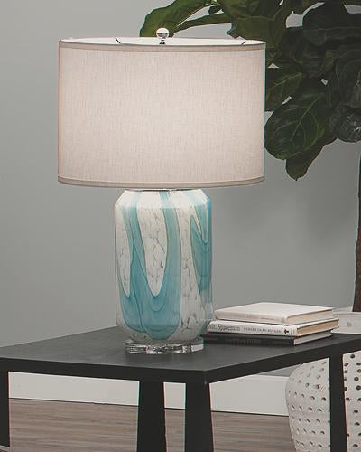 Jamie Young Helen Table Lamp In Pale Blue Glass With Classic Drum Shade In Sea Salt Linen