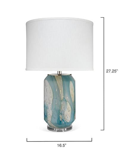 Jamie Young Helen Table Lamp In Pale Blue Glass With Classic Drum Shade In Sea Salt Linen