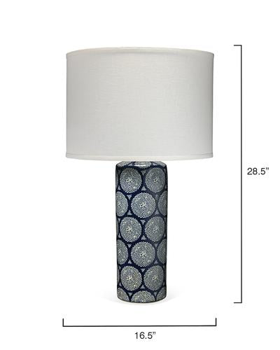 Jamie Young Neva Table Lamp In Blue And White Ceramic With Classic Drum Shade In White Linen