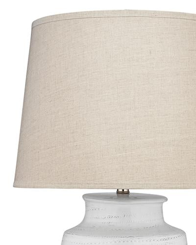 Jamie Young Small Trace Table Lamp In White Ceramic With Large Cone Shade In Natural Linen