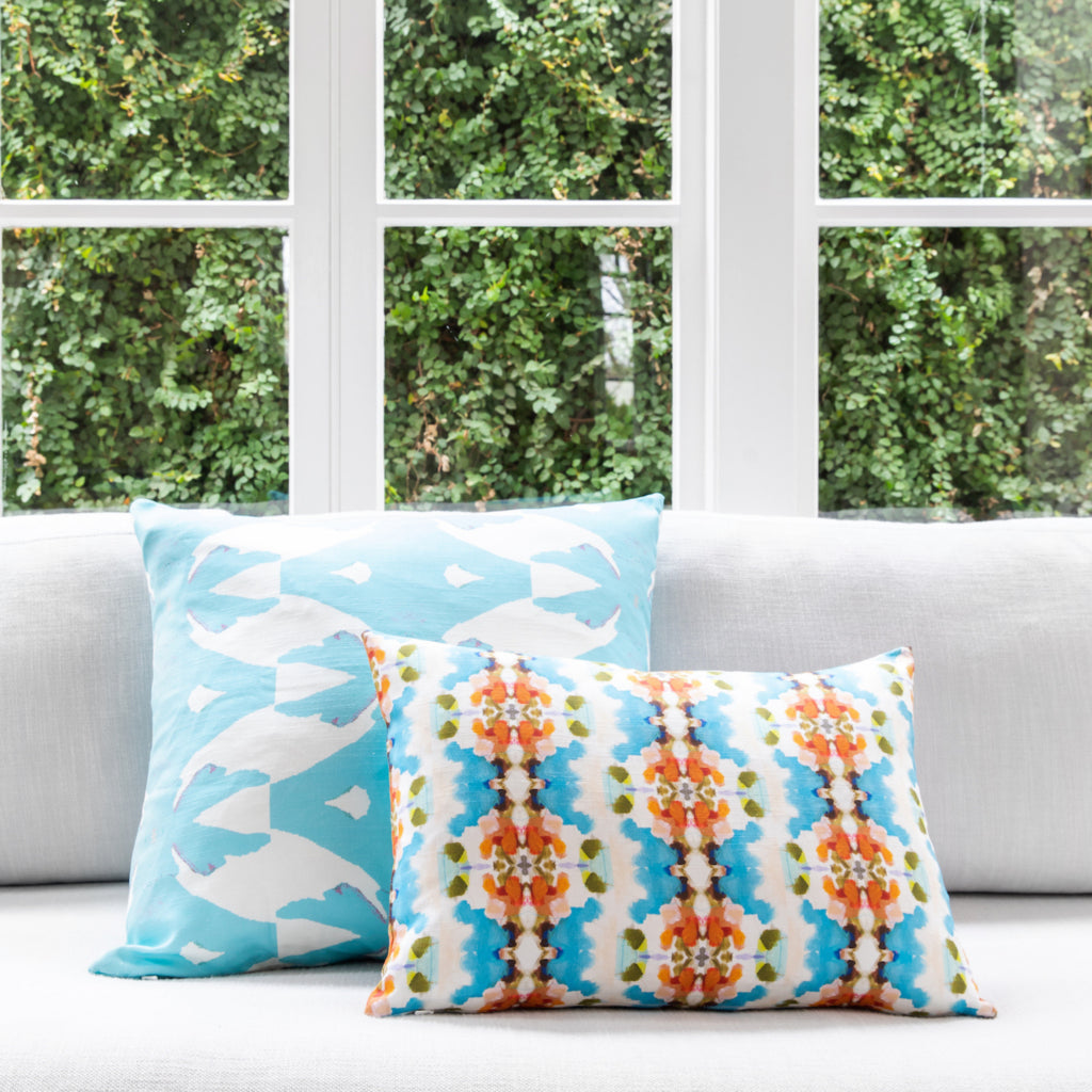 Palm Blue Linen Cotton Pillow by Laura Park