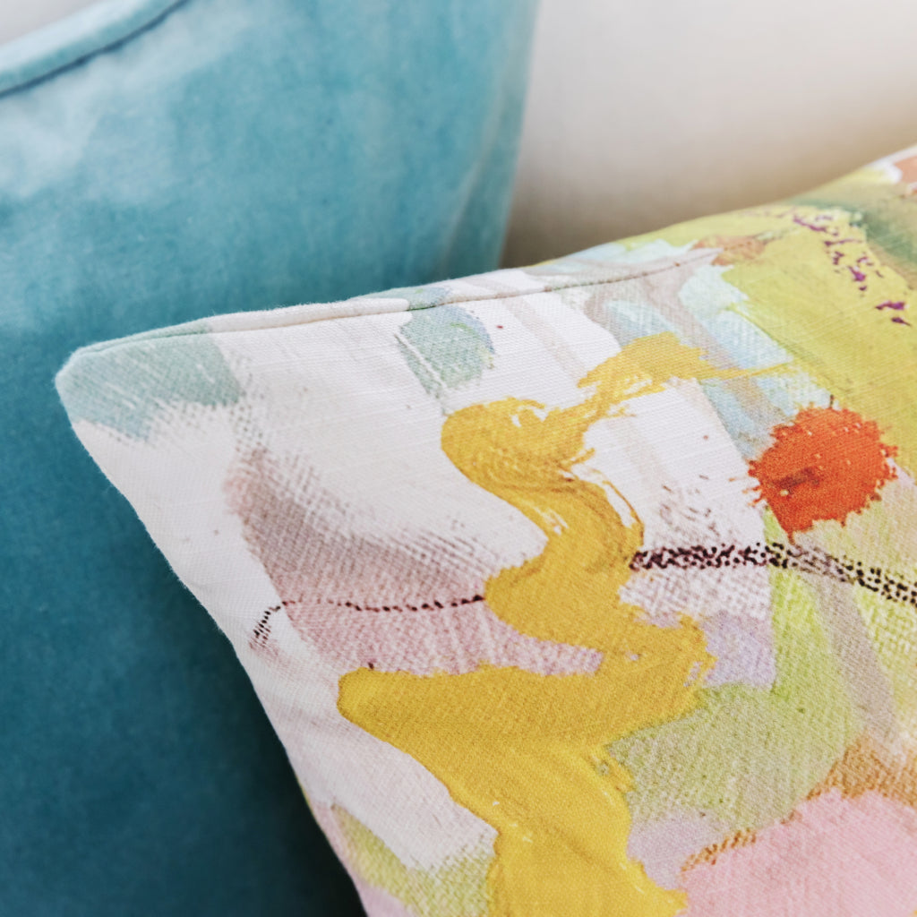 Jardin Yellow Cotton Linen Pillow by Laura Park