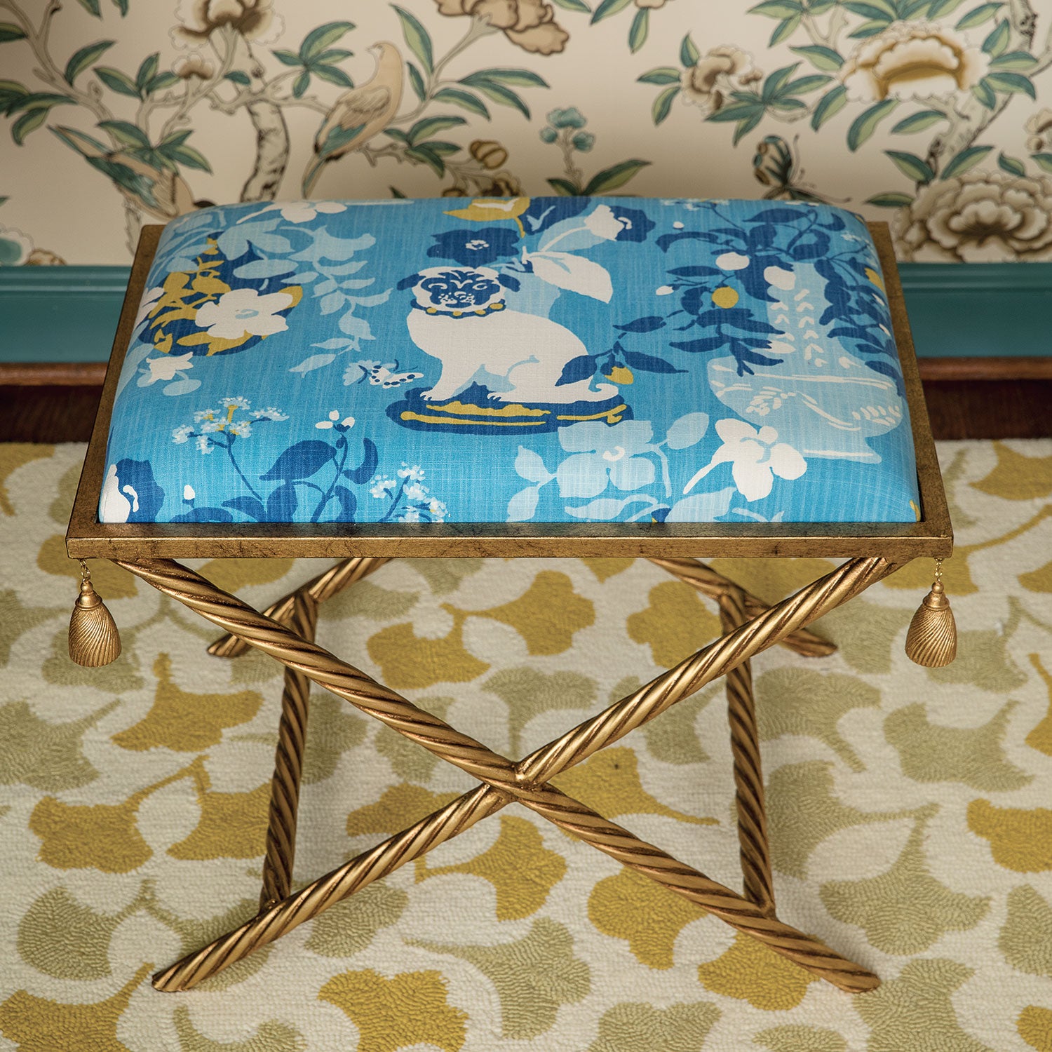 Madcap Cottage Delfern Gold Manor Born Pug Bench