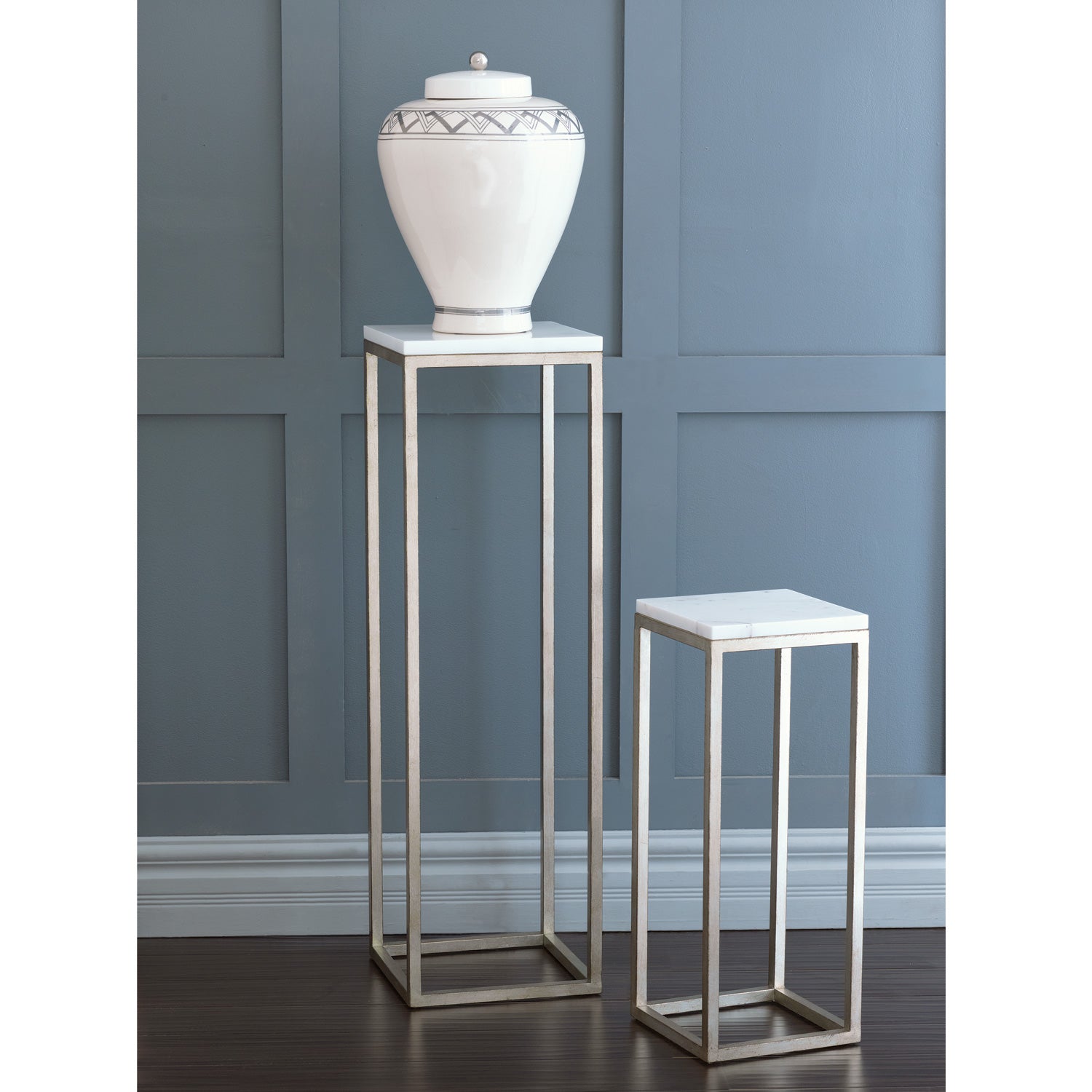 Port 68 Drake Silver and White Marble Pedestal Tables