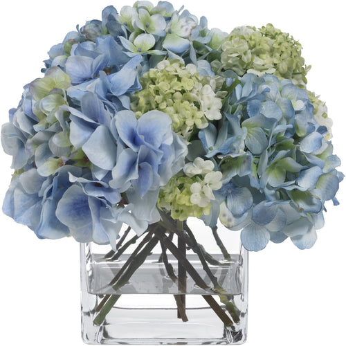 Blue Hydrangea and Snowball in Glass Cube by Diane James